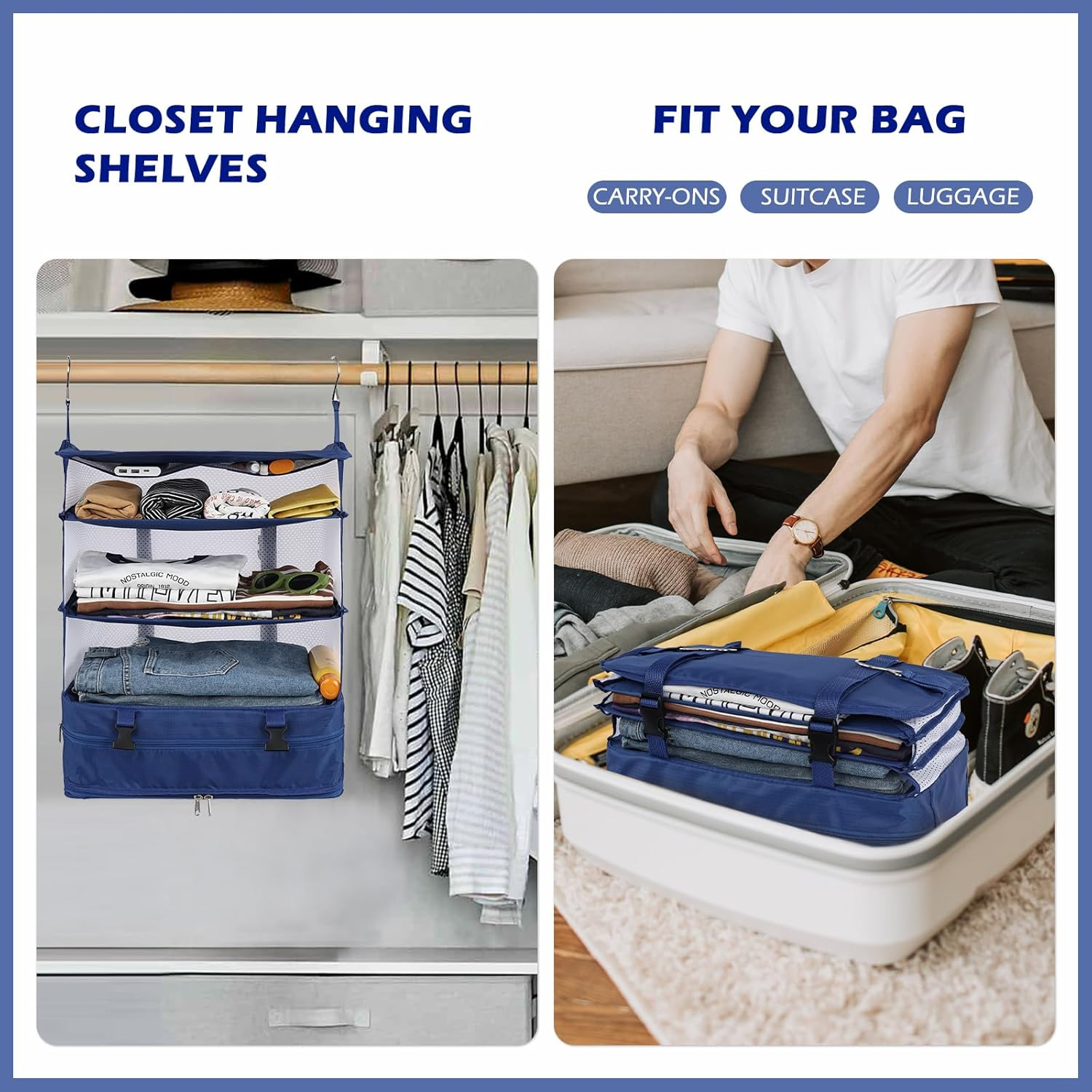 Surblue Hanging 3-Shelf Closet Organizer Pocket Collapsible Washable Oxford Fabric with 2 Hooks (XL 17.71 * 11.81 * 20In, Blue) image number 7
