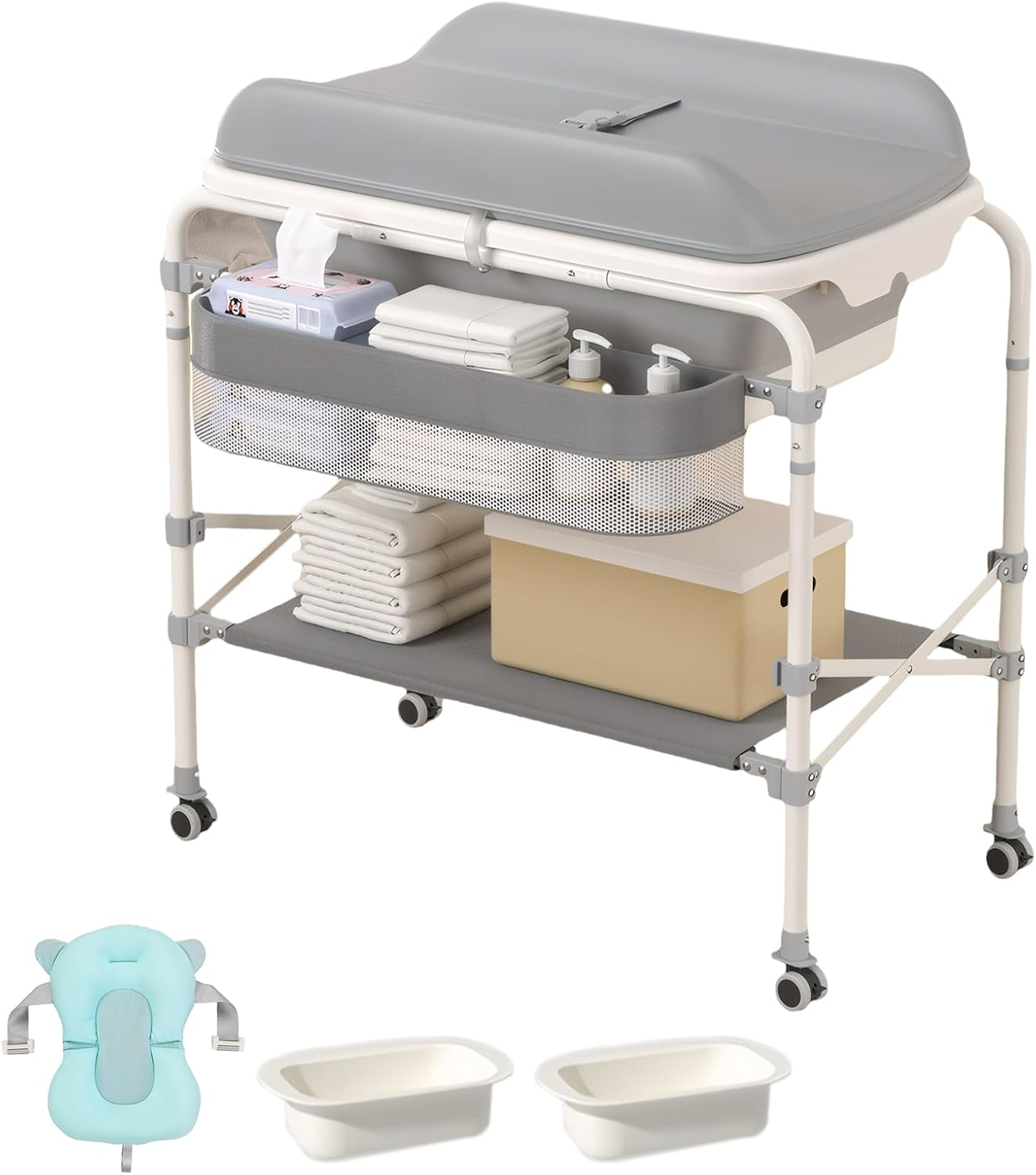 Portable Baby Changing Table 2-In-1 Baby Change Station with Tub Foldable Baby Bath Stand Diaper Change Table for Newborn Infant Mobile Nursery Organizer (Foldable)