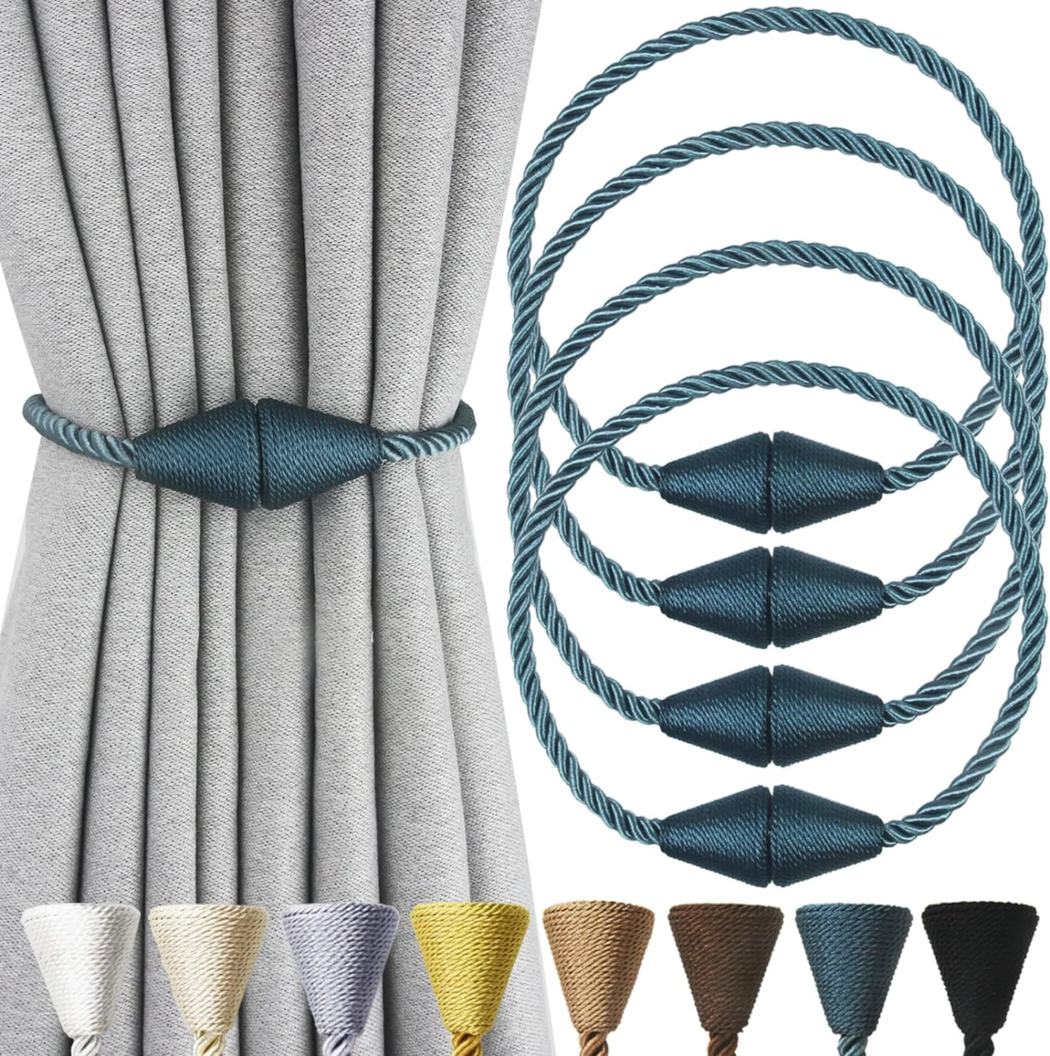 Nieffeiy 2 Pack Magnetic Curtain Tiebacks Rope Modern Handmade Curtain Tie Backs Decorative Drapes Weave Holdbacks for Window D&eacute;cor, Beige