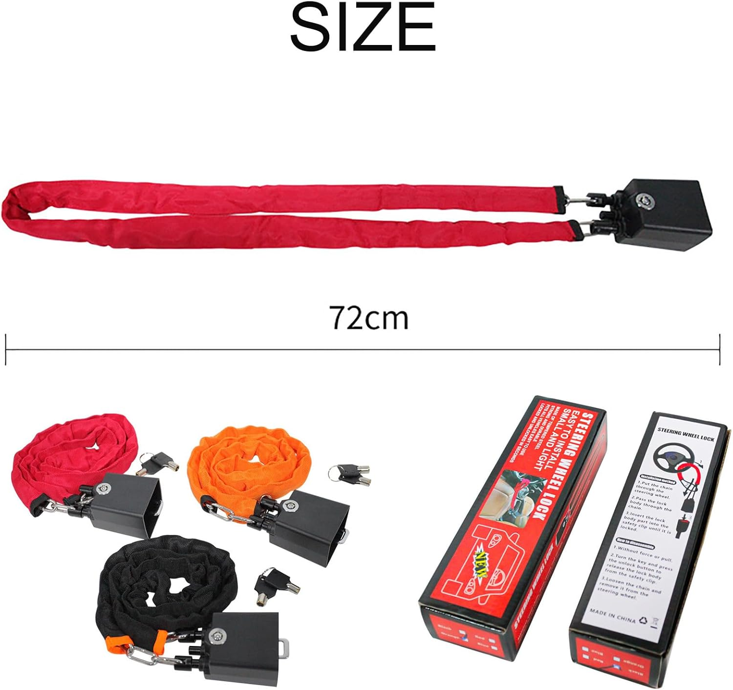 Steering Wheel Lock for Cars, Universal Auto Anti-Theft Lock with 2 Keys - Flexible & Compact Security Device for Car, Truck, SUV, Van - High Visibility Deterrent with Easy Storage (Red) - Black image number 2