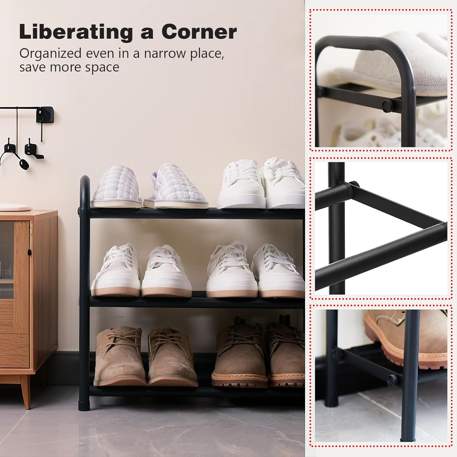 Expandable 3-Tier Shoe Rack, Adjustable Shoe Shelf Storage Organiser with Heavy Duty Metal Construction, Free Standing Shoe Rack for Hallway, Closet, and Entryway(Black)