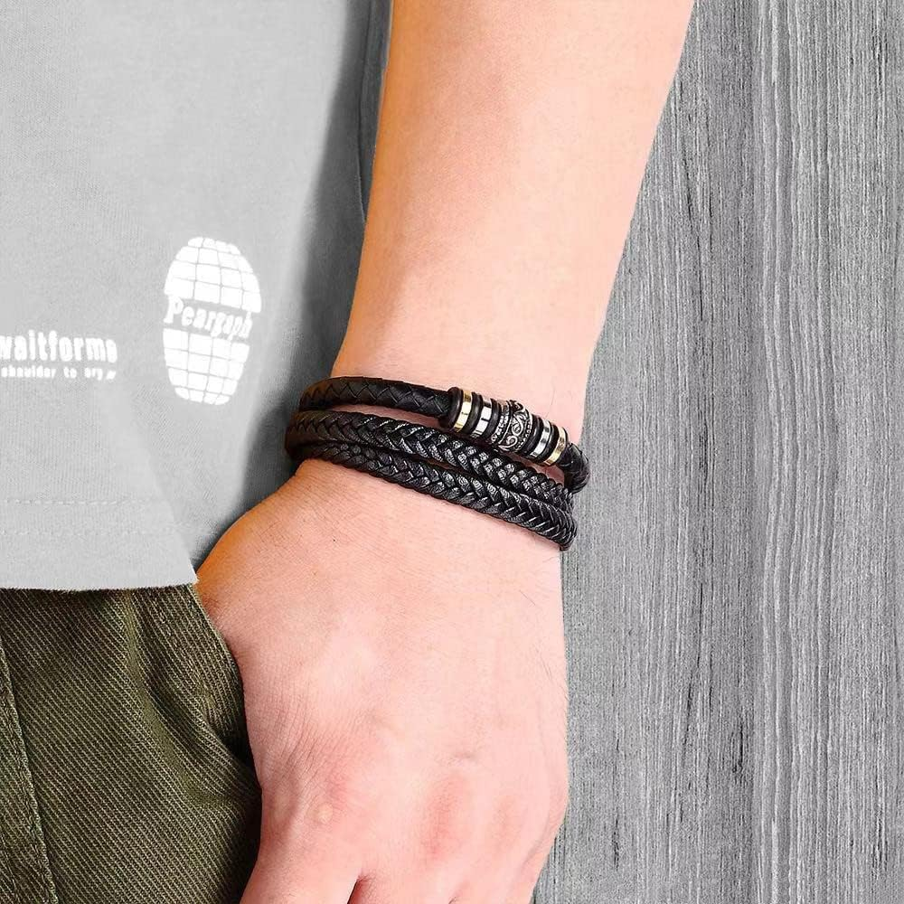 To My Son/To My Grandson - "I Will Always Be with You" Braided Leather Bracelet for Men, Stainless Steel Inspirational Wristband, Mens Braided Leather Bracelet Bangle Wristband (To Grandson)