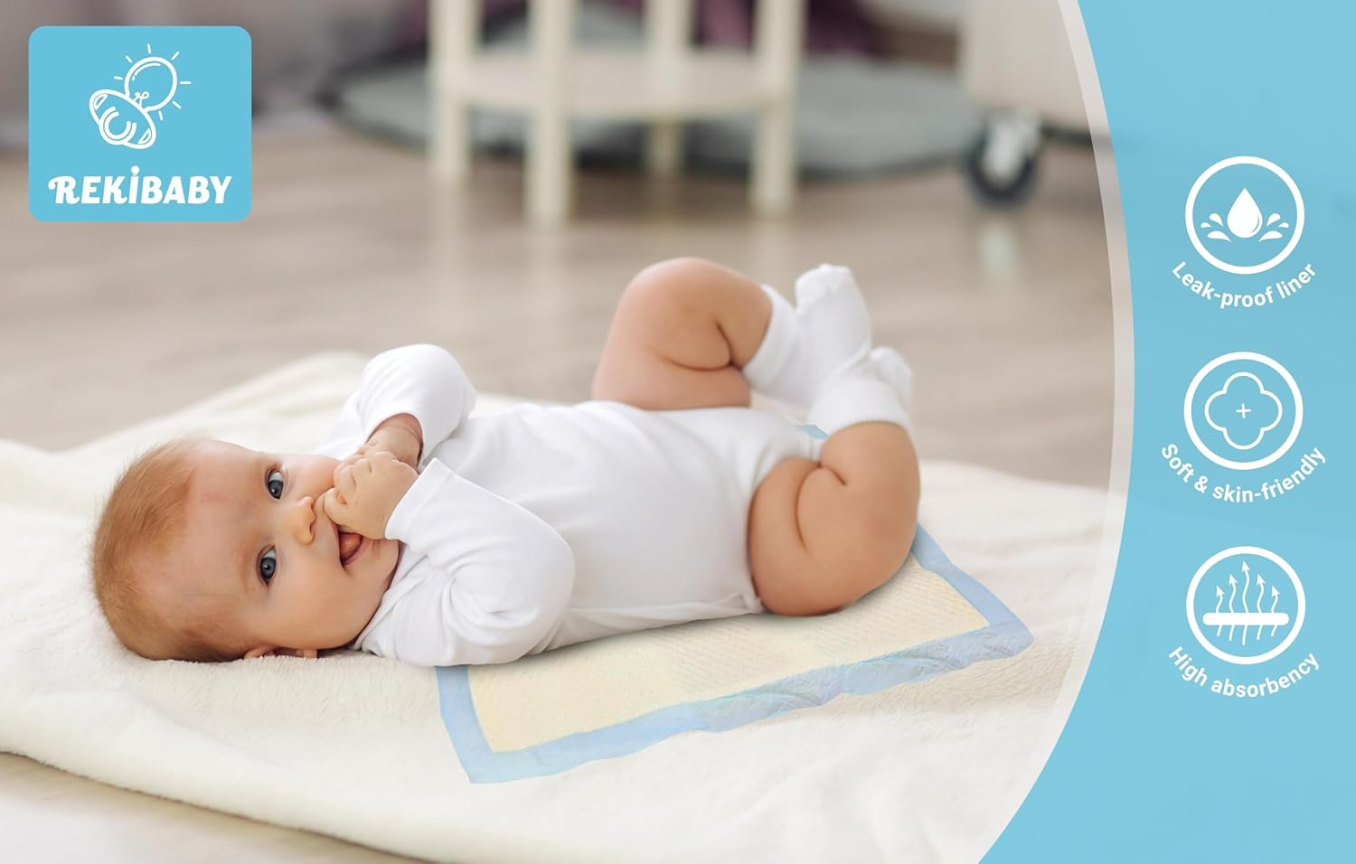 Rekibaby Disposable Changing Pad for Baby, 45Cm X 33Cm Pack of 100, Waterproof Diaper Change Mat Thick Strong Absorption Underpads, Pet, Urine Pad, Bed Table Protector Pad image number 4