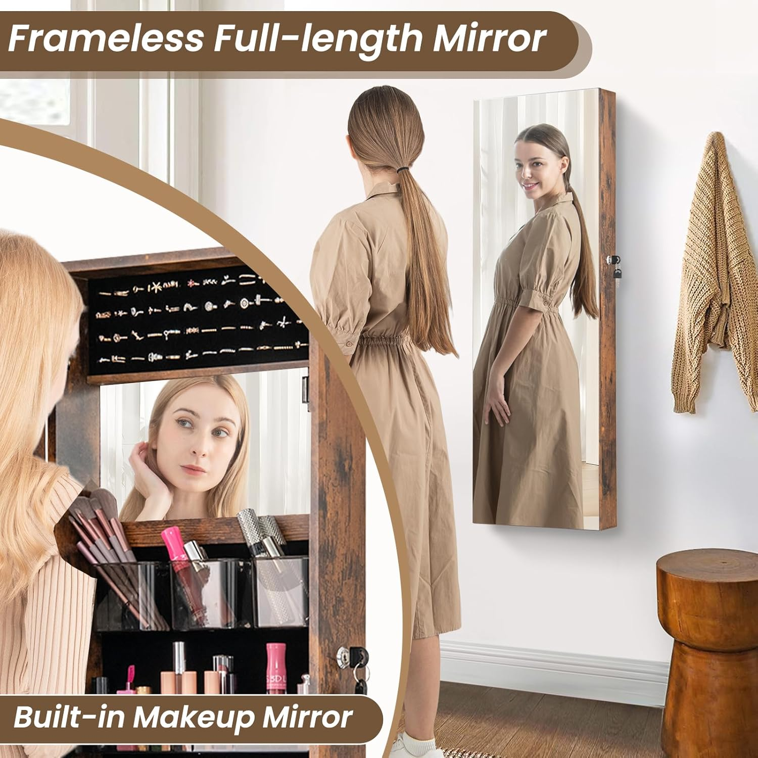 Giantex 110 Cm Jewelry Mirror Cabinet, Wall/Door Mounted Jewelry Armoire Organizer W/Full-Length Mirror & Interior Makeup Mirror, Adjustable Hangers, Safety Lock & Soft Lining (Rustic Brown)