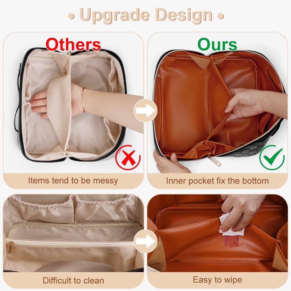 Cessfle Large Capacity Travel Cosmetic Bag,Travel Makeup Bag, Checkered Makeup Bag Open Flat Toiletry Bag Leather Waterproof Flat Lay Makeup Organizer Bag with Handle and Divider for Women, 01-White