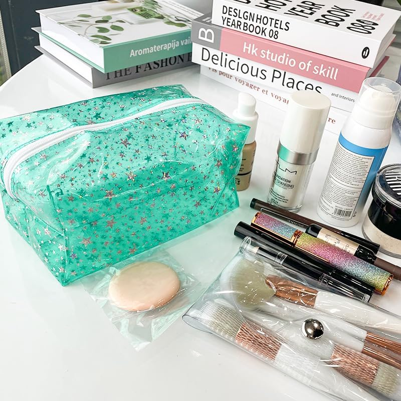 Toteprint 2 X Transparent Cosmetic Bag, Glitter Star Pattern, 20 X 10 X 9 Cm, Turquoise Cosmetic Bag with Zip for Men and Women image number 1