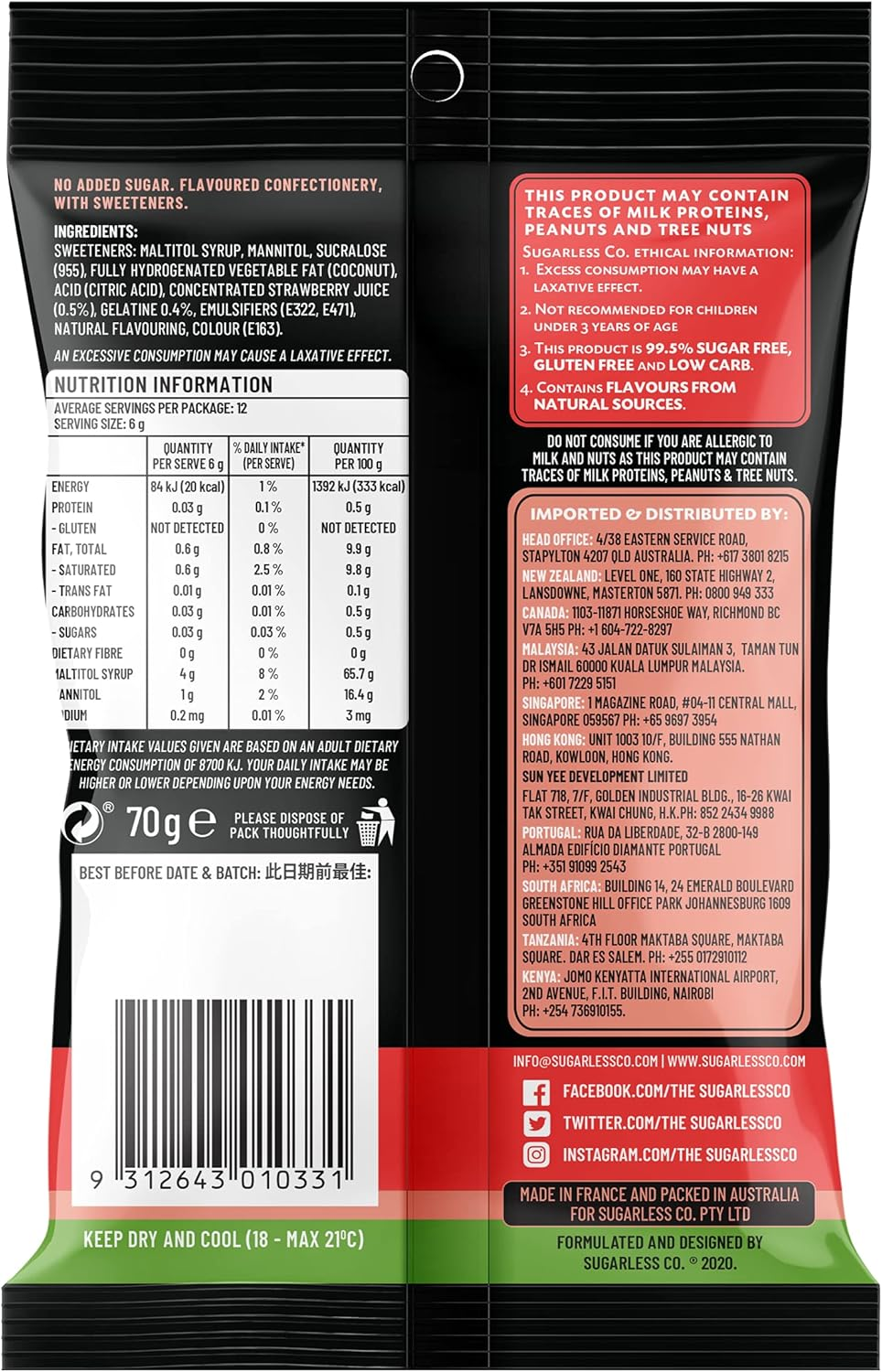 Sugarless Confectionery Strawberry Flavour Chews 70G image number 3