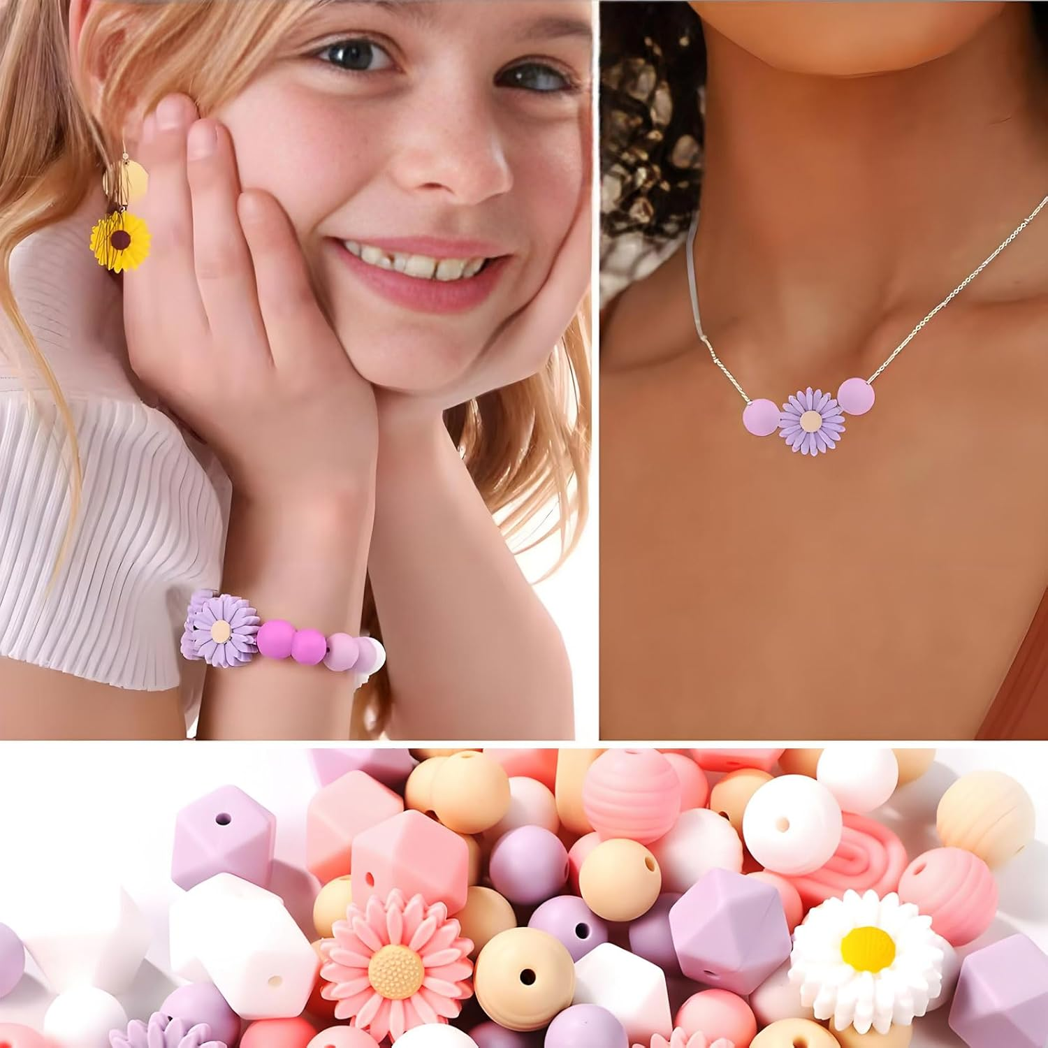 MYTOAU 100Pcs Daisy Silicone Beads, Boho round Daisy Flower Shape Silicone Craft Beads with Nylon Rope for DIY Crafts Jewelry Necklaces Bracelets Keychain Making image number 2