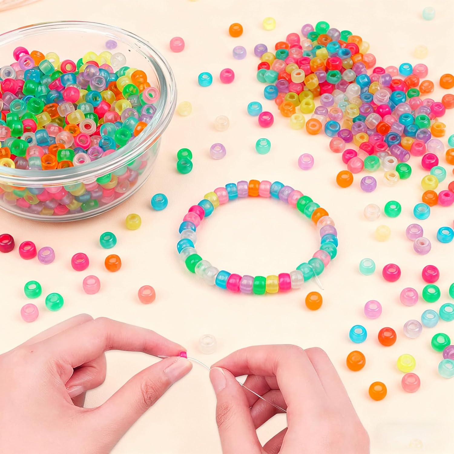 1000Pcs Glow in the Dark Pony Beads Bracelet 9Mm Plastic Barrel Pony Beads for Necklace,Hair Beads for Braids,Key Chain,Jewelry Making (Night Glow) - Black_1000Pcs image number 4