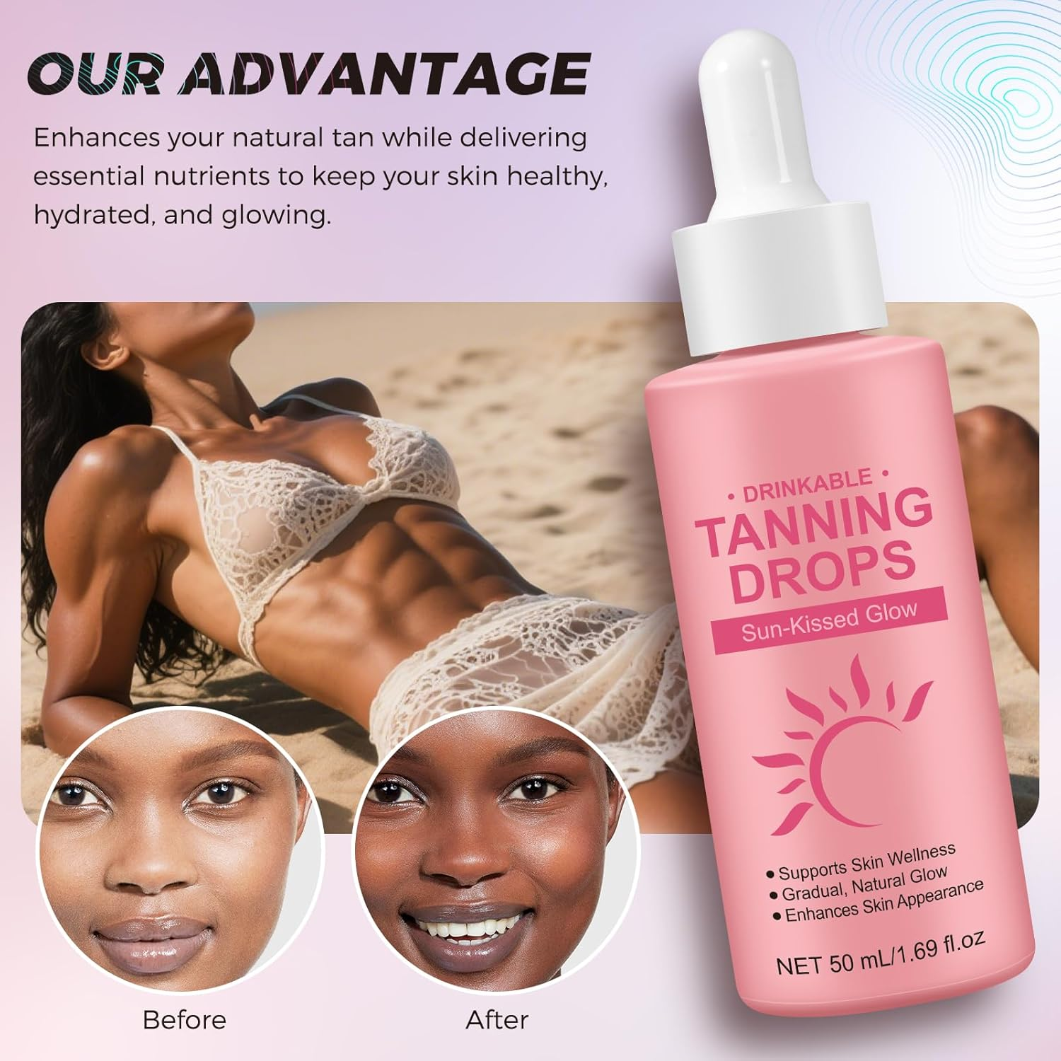 2Pcs Sunless Tanning Drops to Drink, Natural Drinkable Sunless Tanning Drops, Oral Self Tanning Drop Gradual Glow, Moisturizing Tanner for Face & Body, Tanning Supplement Naturally Boost Melannin image number 5