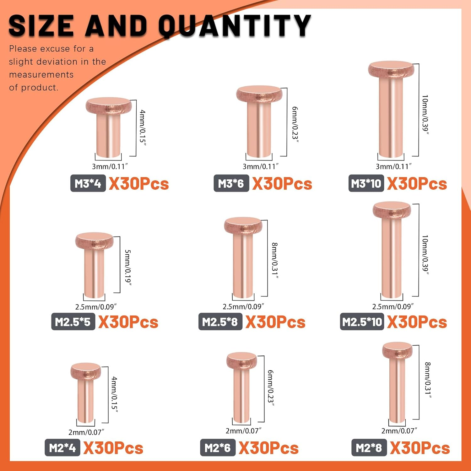 Tanstic 270Pcs Flat Head Copper Solid Rivets, M2X4/6/8, M2.5X5/8/10, M3X4/6/10 Solid Copper Rivets Fasteners for Electrical Applications Copper Finish Copper Tone image number 4