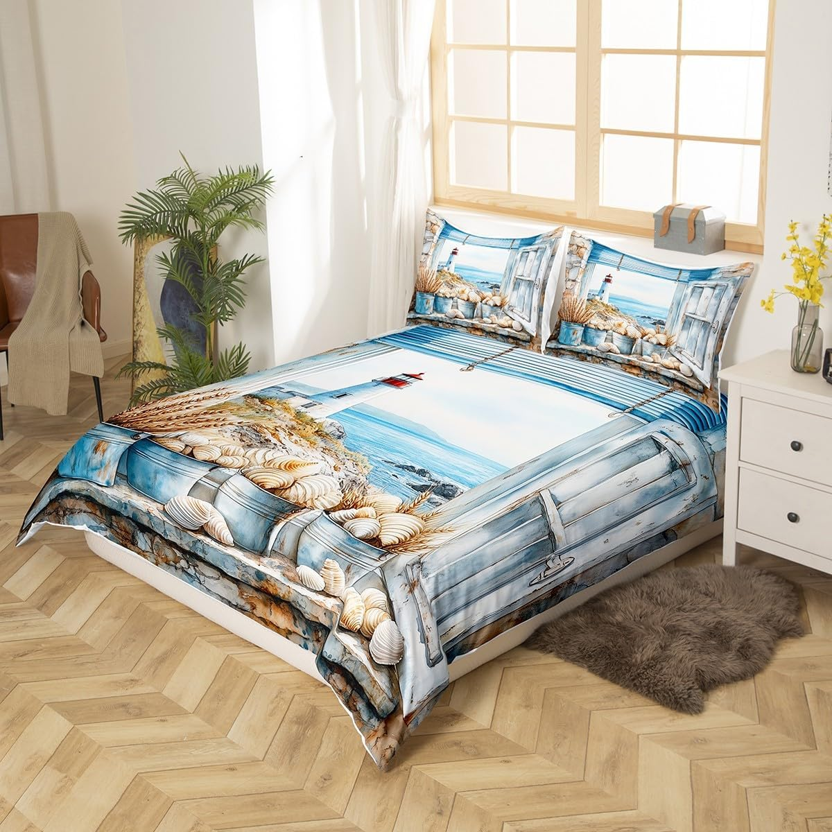 Homewish Beach Seaside Comforter Cover Lighthouse Ocean Duvet Cover 200 X 200 Cm for Adults Men Teens Women Coastal Wood Farmhouse Bedding Set Natuical Seascape Bed Set, Blue image number 4