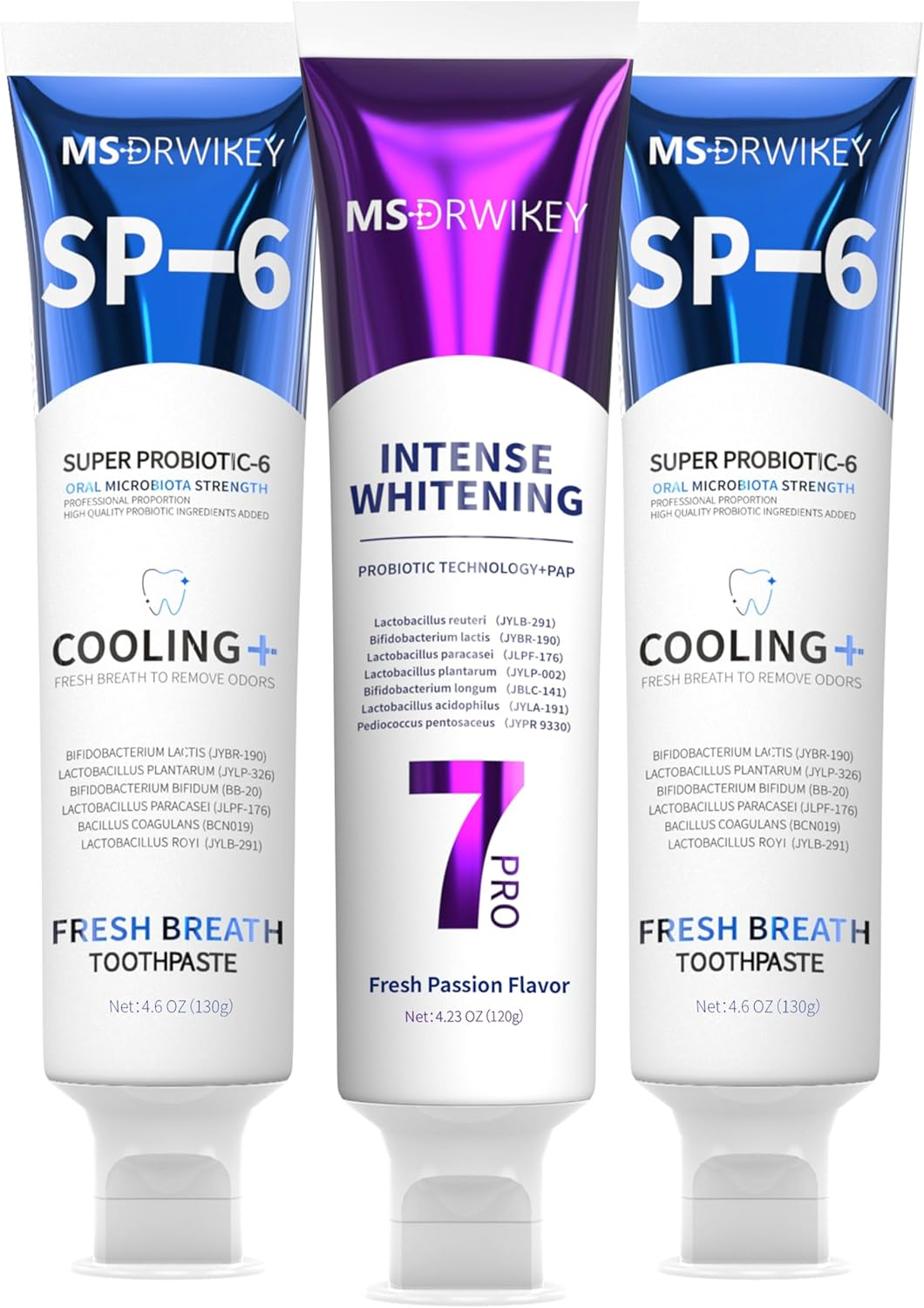 MSDRWIKEY 7Pro Popping Bead Whitening Toothpaste (2Pcs) + SP-6 Cooling Toothpaste (1Pc) &ndash; 3-Pack Powerful Whitening & Long-Lasting Fresh Breath with 7 Probiotics for Healthy Oral Care