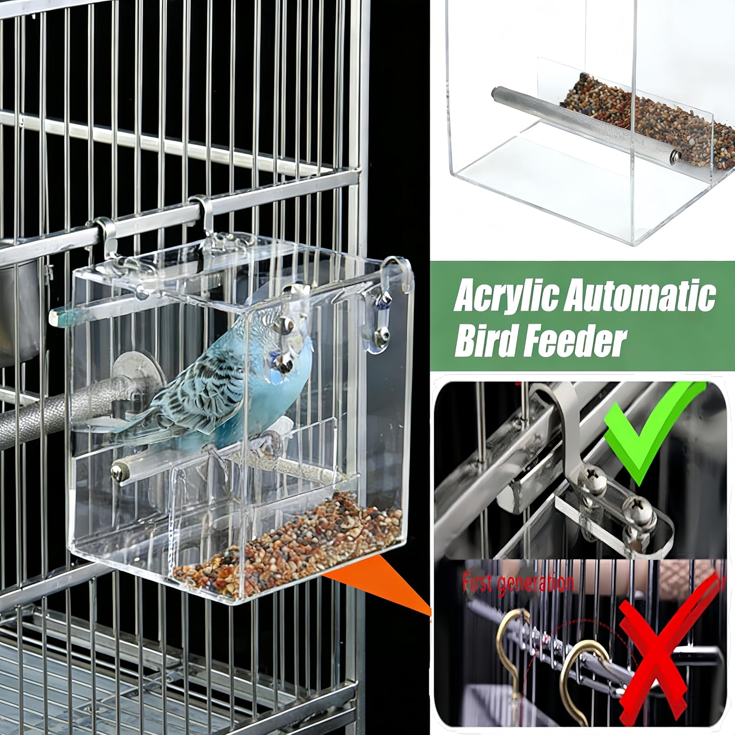 Acrylic Bird Feeder, Large Transparent Leak Proof Food Dispenser, Designed for Birdcages without Mess, Equipped with Stainless Steel Hooks, Suitable for Birds Such as Parrots, Canaries image number 2