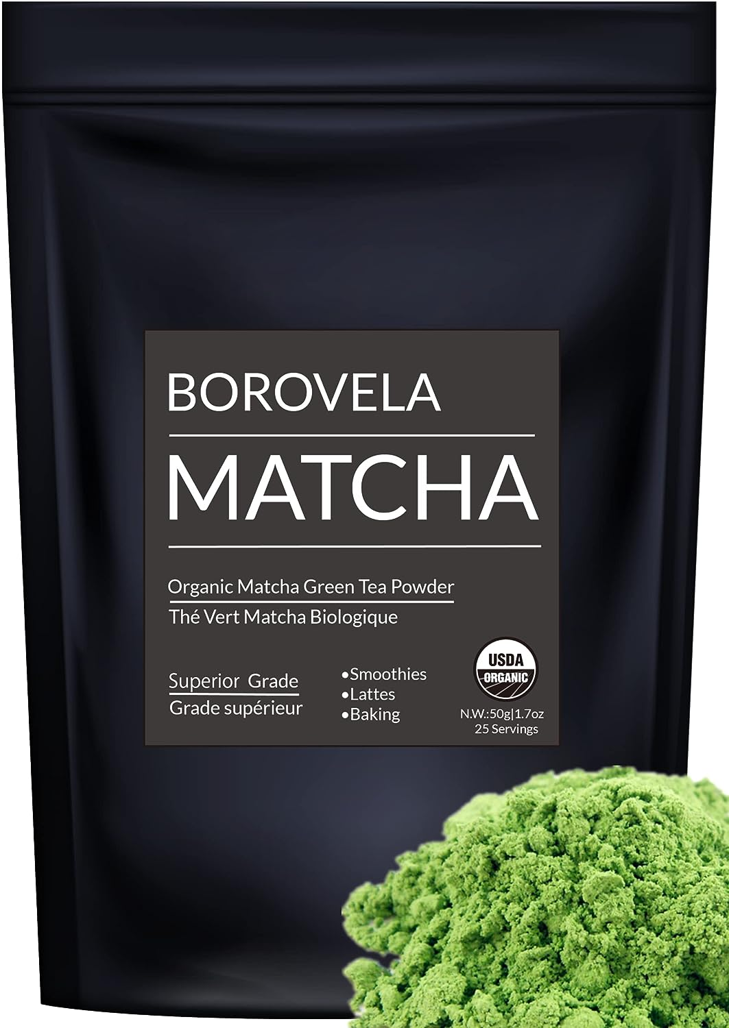 Organic Matcha Green Tea Powder - Superior Grade USDA Certified - Green Superfood for Smoothies Lattes and Baking - Borovela 50G 1.7Oz image number 2