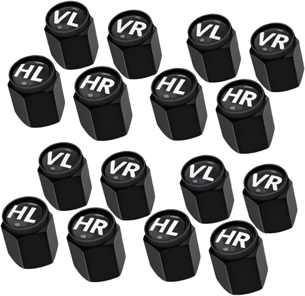 JRYXDS 16 Valve Caps Black Universal for Car, SUV, Motorcycle & Truck, Tyre Valve Closure, Wheel Valve Cover, Rubber Caps with Seal, Marking Vl/Vr/Hl/Hr
