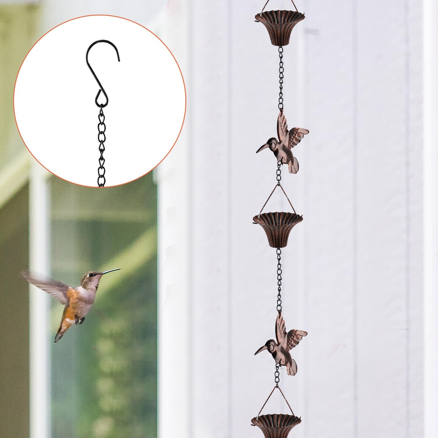 Bird Rain Catcher Chain, 8.53Ft Metal Hummingbird Rain Chain Bell, outside Decorative Downspout Chain Rainwater, Cup Wind Chime Outdoor Gutter Rainchain Decor for Terraces, Villas, Courtyards image number 3