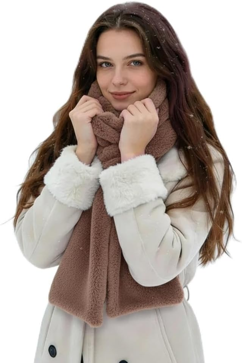 Faux Fur Pull through Scarf with Hidden Zipper Pocket, Soft Cozy Warm Pocket Scarf for Hands-Free Storage Phone & Valuables