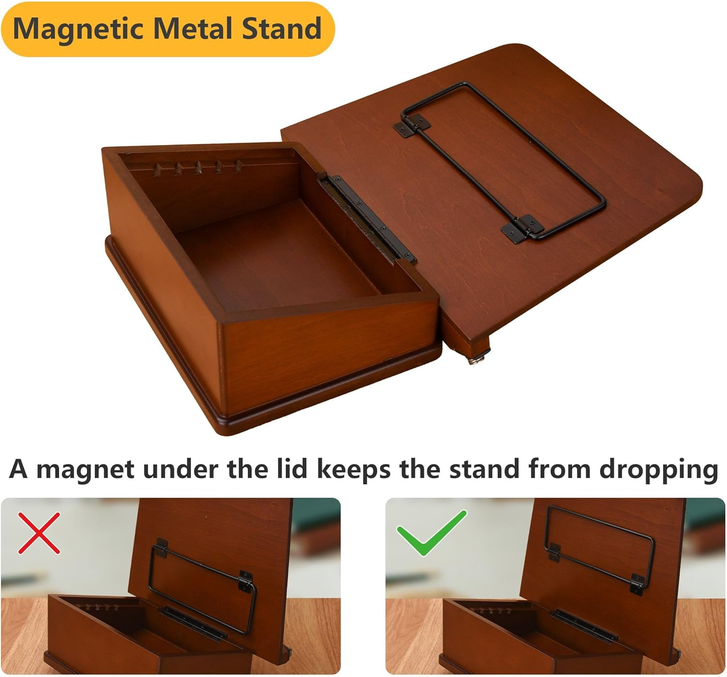 Large Wooden Book Stand with Carousel Base &ndash;Adjustable Book Holder with Storage Box and Magnetic Stand &ndash; 360&deg; Rotate Wooden Book Organizer for Cookbook, Reading Book, Magazine, Laptop (Dark Cherry) - Dark Cherry image number 4