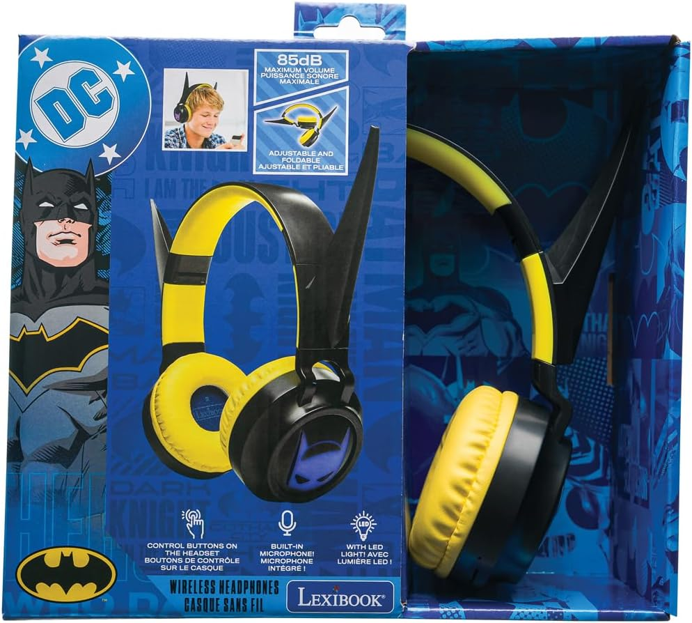 Lexibook, Batman HPBT015BATLXB 3D Design Foldable Luminous Bluetooth Wired Headphones with Volume Limiter, Black Yellow image number 2