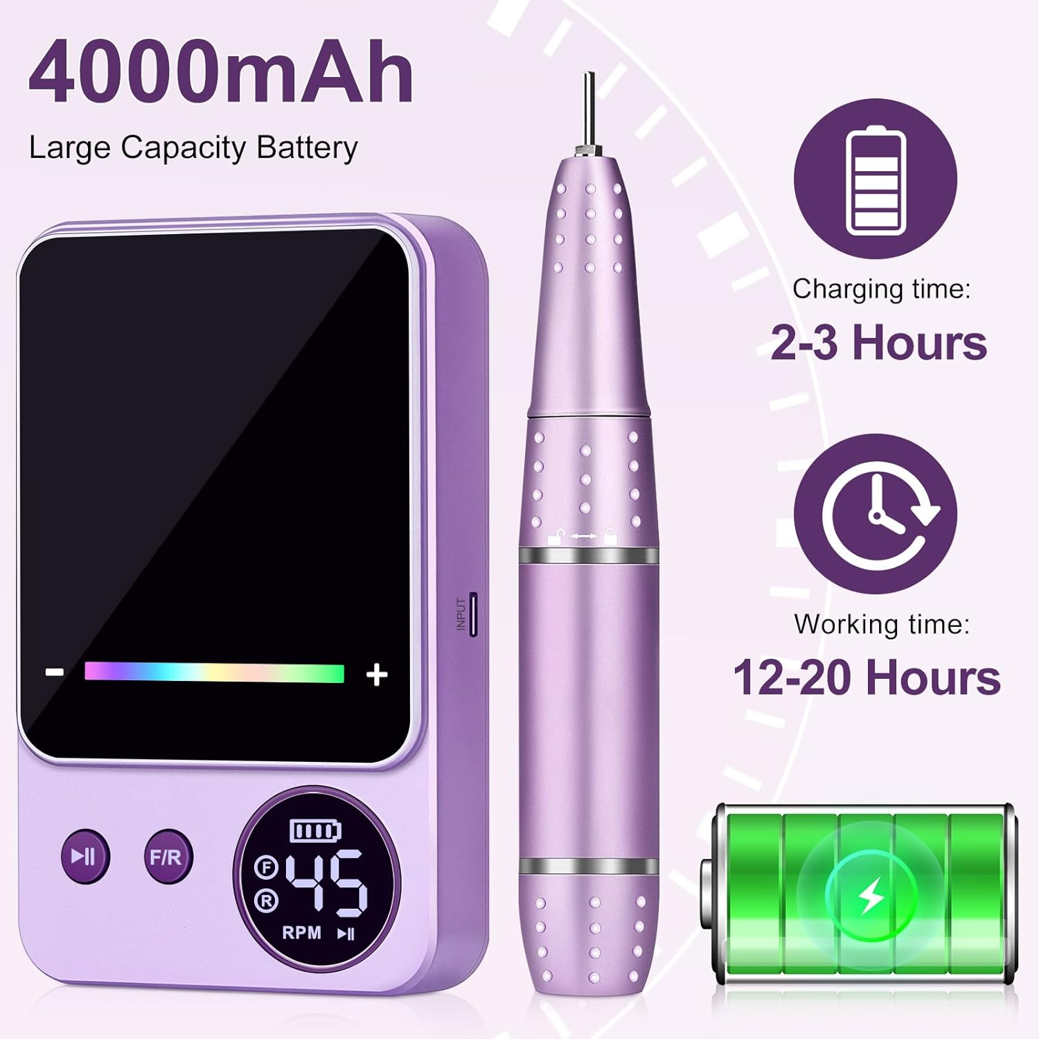 Urbuti Electric Nail Drill Professional 45000RPM, Portable Smart Touch Display Electric Nail File, 4000Mah Rechargeable Nail Drill Kit for Remover Acrylic & Gel Nails Manicure for Salon Home image number 3