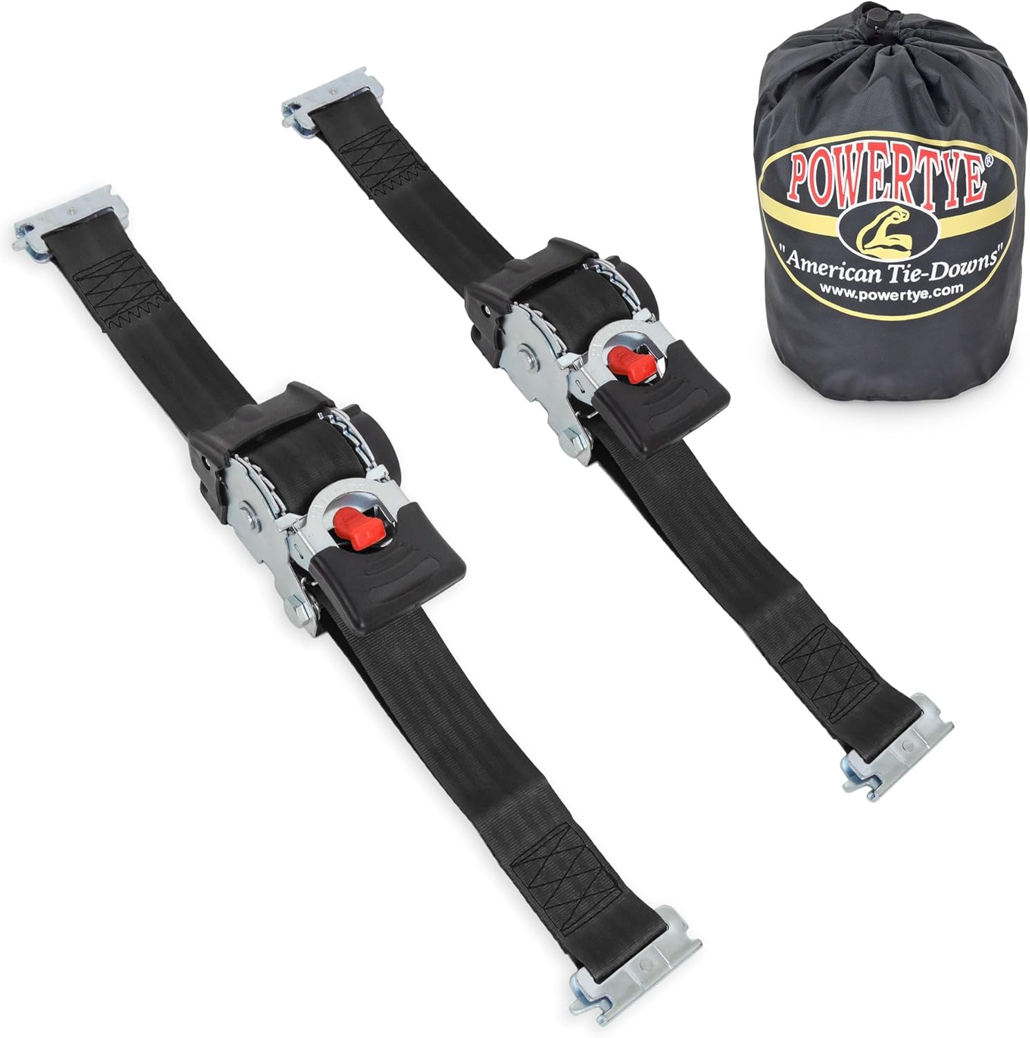 Powertye 2In X 10Ft Retractable Heavy-Duty Ratchet Tie-Downs W/Latch Hooks - Includes Soft-Tyes and Storage Bag - 800 Lb Working Load Limit / 2,400 Lb Breaking Strength - Black (Pair)