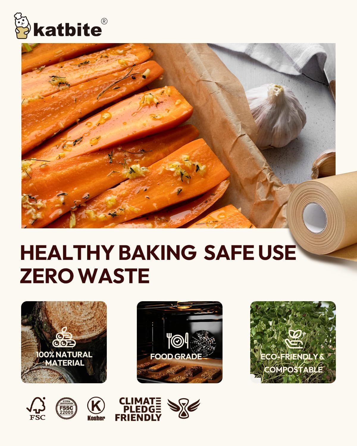 Katbite 15In X 115Ft, 145 Sq.Ft Parchment Paper Roll for Baking,Parchment Baking Paper with Serrated Cutter, Non-Stick Longer Unbleached Parchment Roll for Cooking, Air Fryer, Steaming, Bread image number 5