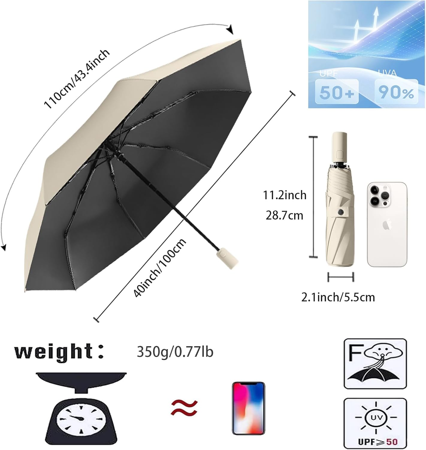 Travel Folding Umbrella Coating Layer Fabric Blocking/Portable Golf/Car Compact Umbrella/Lightweight Small Backpack/Rain Sun Automatic Open/Close anti UPF 50 UV Protection 99.9% /Men Women Kids - Beige image number 5