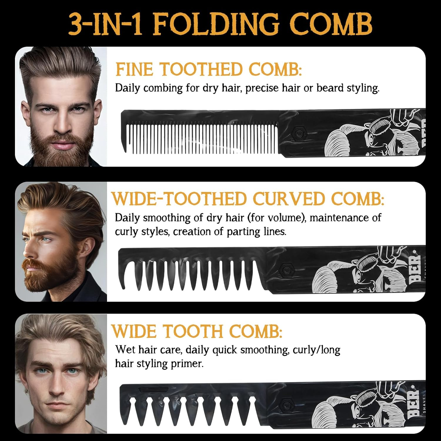 3-In-1 Folding Hair Comb for Men, Fine & Wide Tooth Comb with Beard, Hair & Moustache Styling, Anti-Static Travel-Friendly Pocket Comb, Compact & Durable image number 1