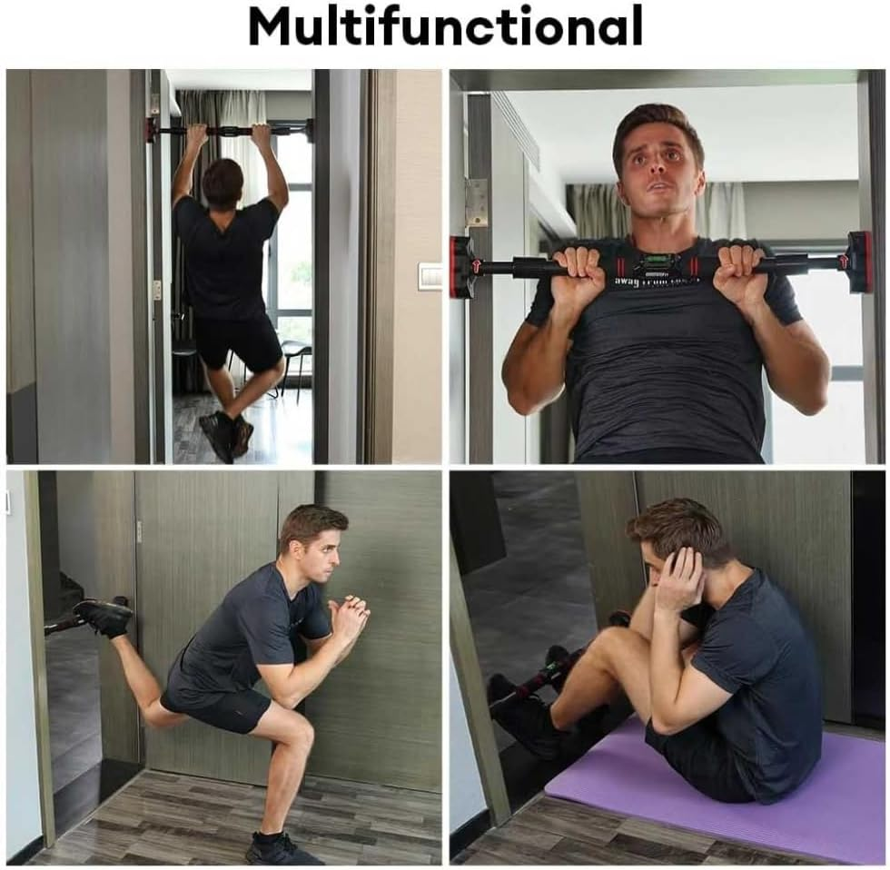 Free Standing Pull up Bar for Doorway,Strength Training Chin up Bar without Screw,Door Horizontal Bar Pull up Bar Adjustable Training Bar Punching with Hanging Pull Rings Upper Body Strength Training