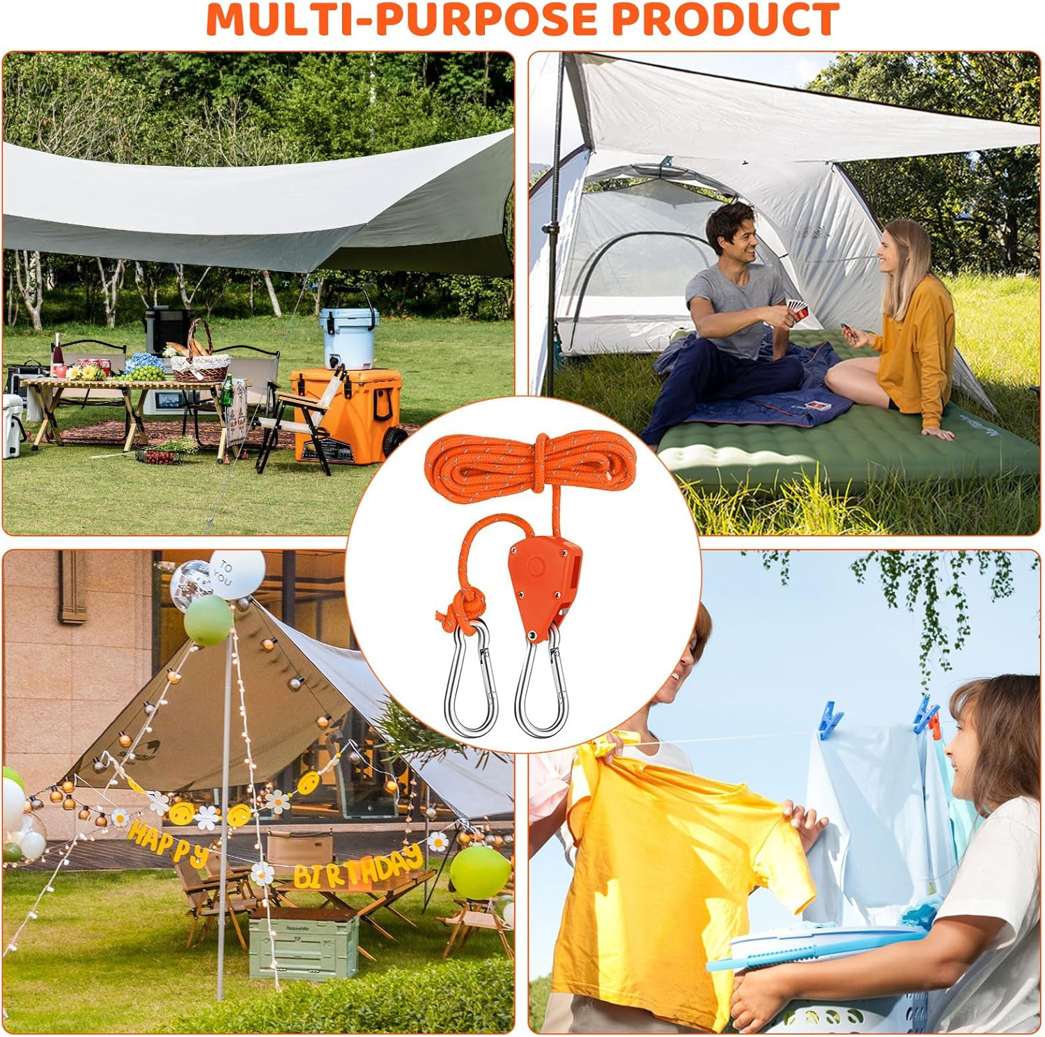 Pack of 6 Rope Ratchet with Hooks, Reflective Guy Ropes, Rope Ratchet Hanger Hanger, Diameter 4 Mm Rope Ratchet with Hook, Rope Ratchet for Tents, Fans, Plant Lights, 150 Lb 3.12 Ft/4M-O image number 2