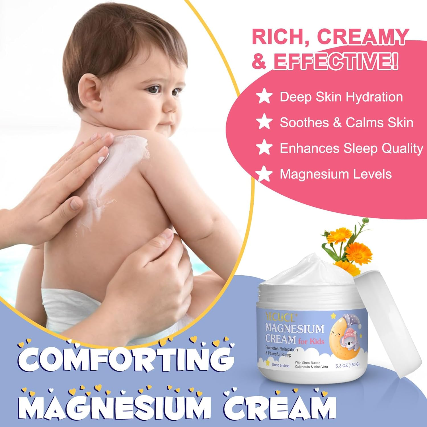 Magnesium Cream for Kids - Topical Magnesium for Sleep & Skin Hydration, Soothe and Nourish Skin with Calendula, Aloe Vera & Shea Butter, Gentle Formula, 150G image number 2