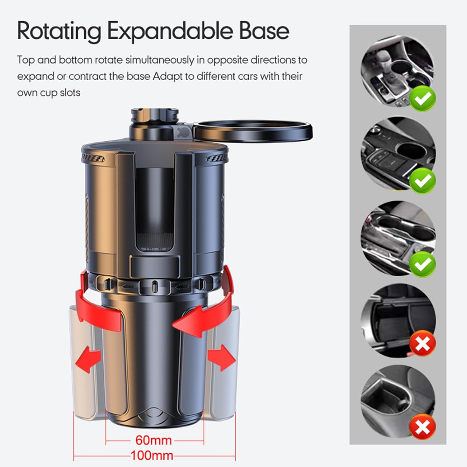 Eacam Car Cup Holder Expander - 4 in 1 Automotive Cup Attachable Tray with 360&deg; Rotation, Detachable Tray Table with Phone Holder, Dual Cup Holder image number 6