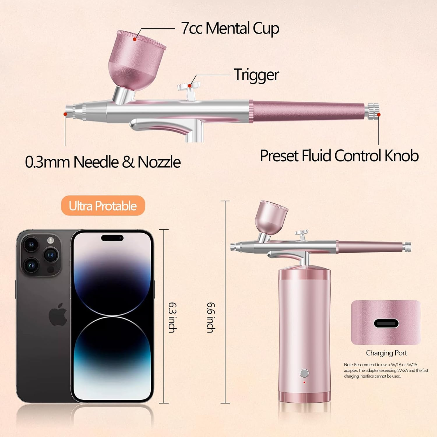 Airbrush Kit with Compressor 48PSI Rechargeable High Pressure Air Brush Set Cordless Airbrush Kit with 0.3Mm Nozzle for Painting,Nail Art, Cake Decor,Makeup,Modeling (Pink) - Black image number 7