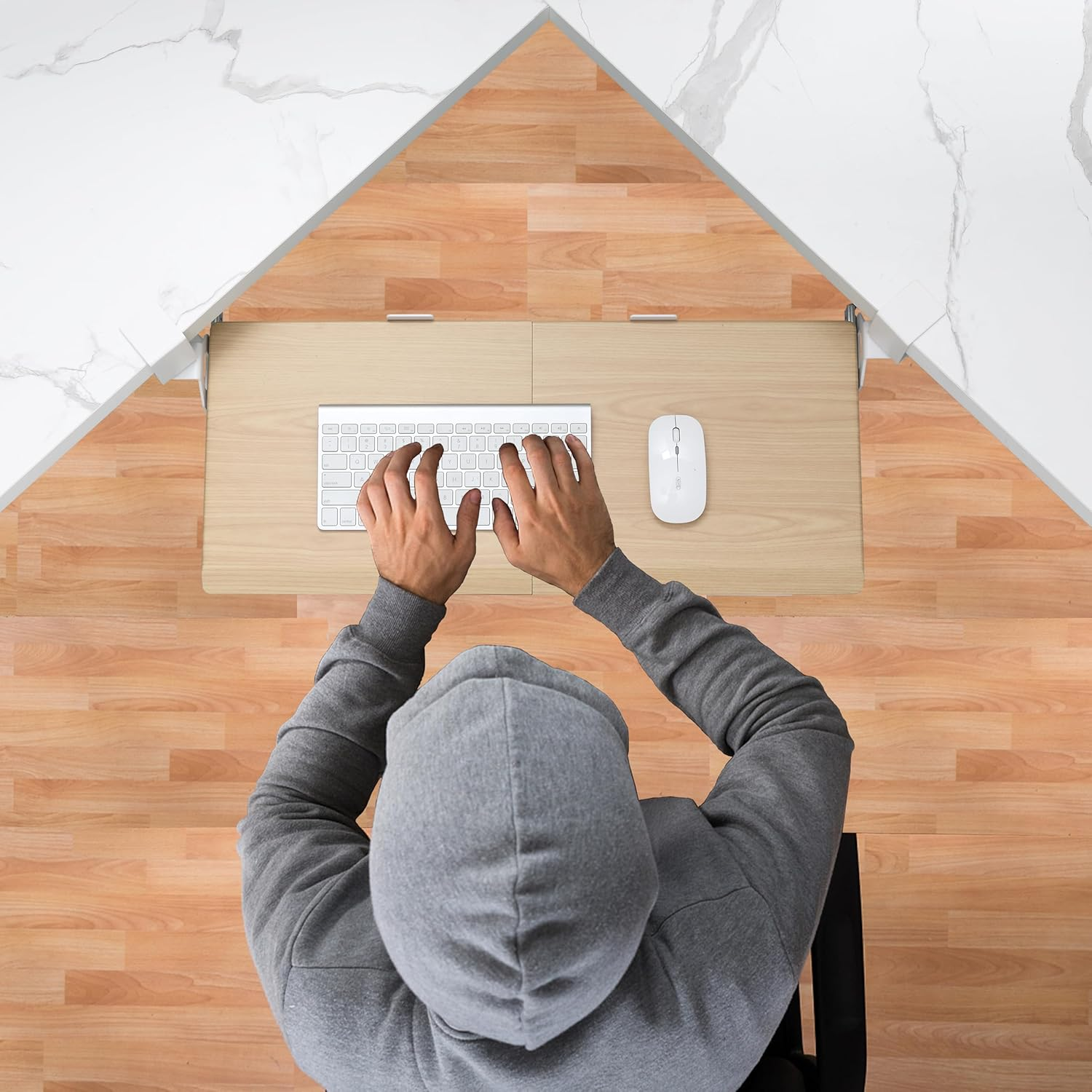 ETHU Keyboard Tray under Desk, Ergonomic Corner Keyboard Tray with 180&deg; Adjustable C Clamp for L Shape Desk 26.77" X 12.2" Easy to Install, Computer Keyboard Stand for Home and Office(Oak) - White image number 5