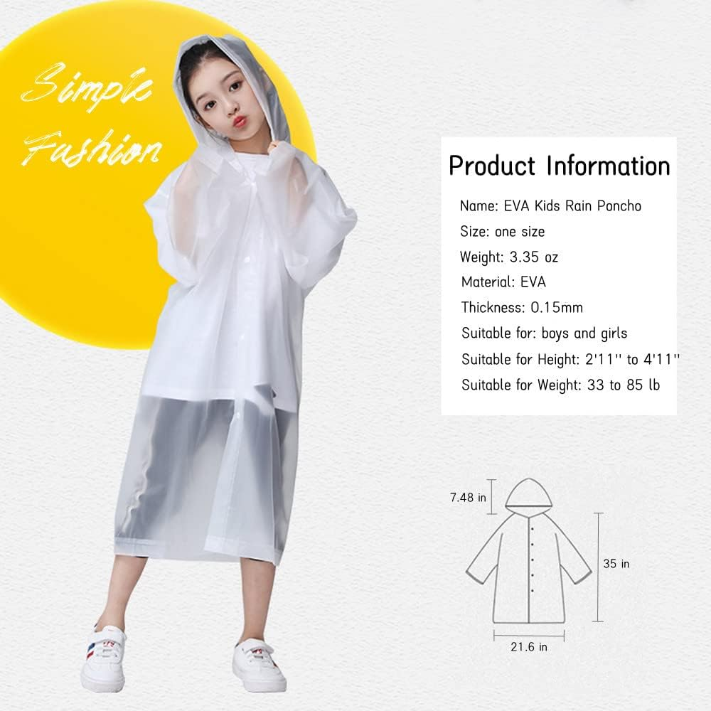 Kids Rain Poncho 2 Pack, Reusable Raincoat Rain Jackets for 6-14 Girls Boys - 2 White image number 7