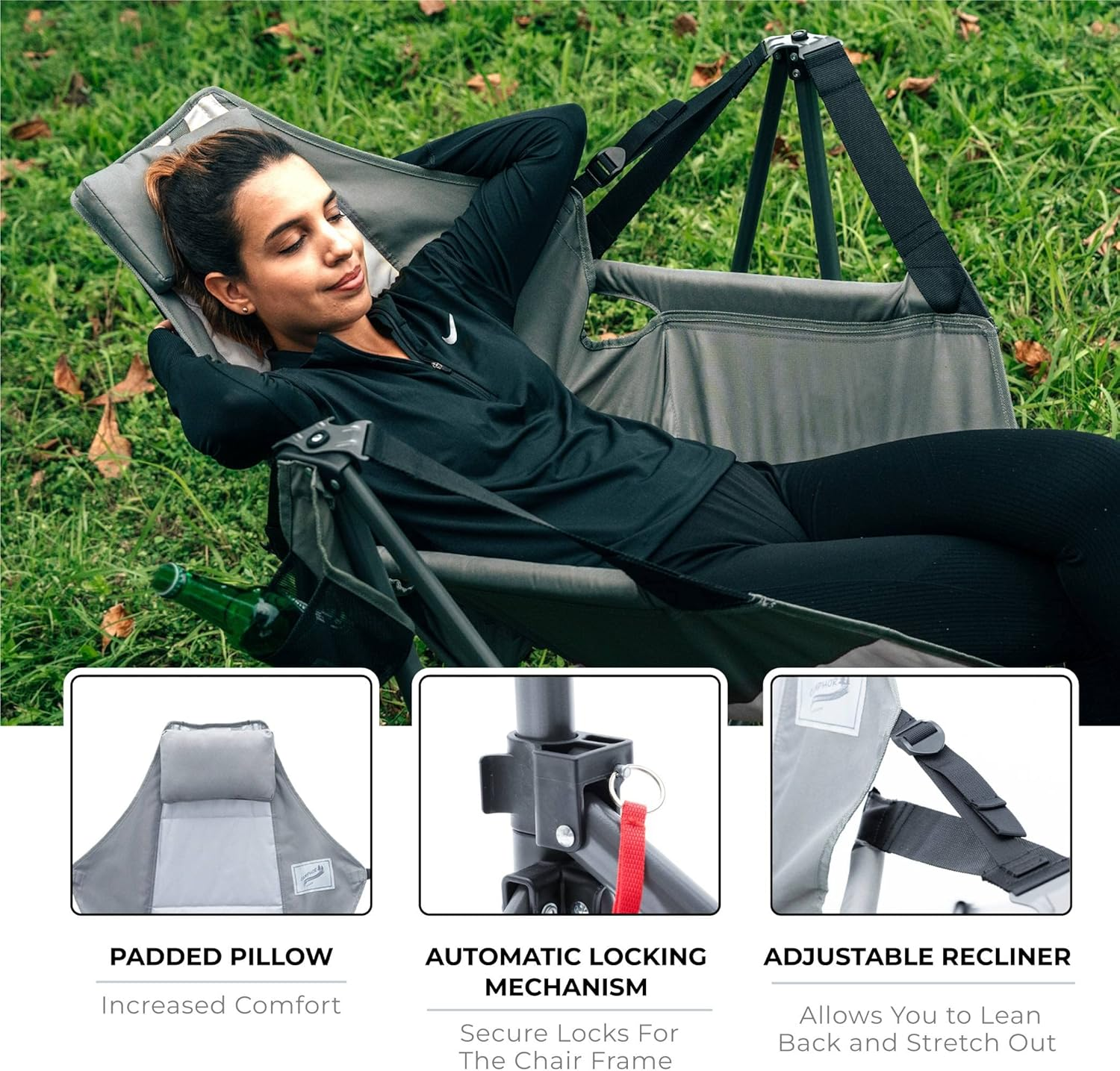 Camphor Designs Portable Swing Hammock Chair | Foldable Recliner Rocking Lounger with Headrest & Drink Holder | Outdoor Sports, Beach, Lawn, Hunting, Tailgating, Fishing | Supports 300Lbs (Grey) image number 2