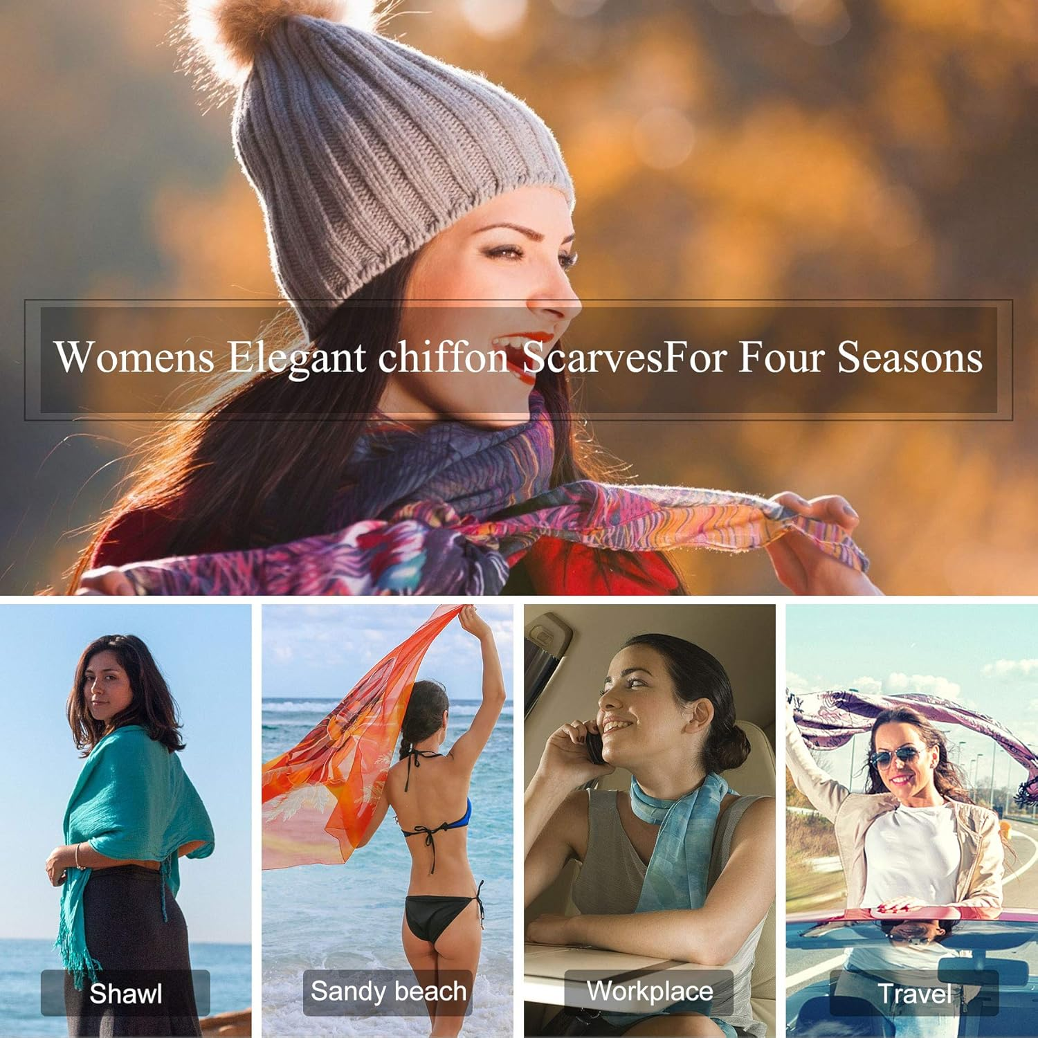 Floral Print Chiffon Scarf - Womens Fashion Scarfs Lightweight Head Scarf Sunscreen Scarves Shawls Wrap for Women - Black+White image number 4