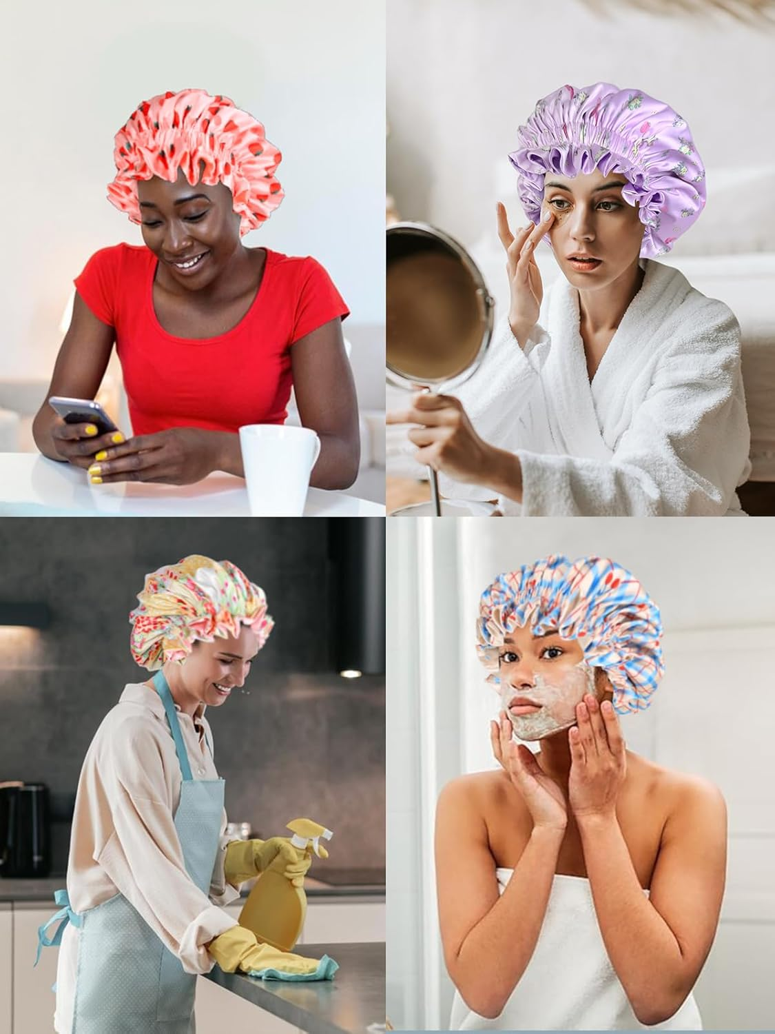 Vettres Floral Satin Bonnet with Scrunchie Set,Double Layer Ruffle Reusable Sleeping Shower Cap for Curly Hair Yellow-Strawberries image number 4