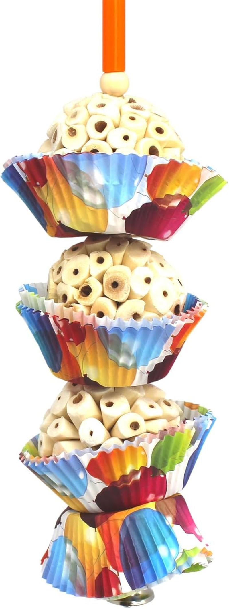 Bonka Bird Toys 1931 Three Cake, 11.75" Hanging Bird Toy with Sola Balls, Cupcake Cups, Wooden Beads, Bell, and Straw, Chewable and Shreddable. image number 3