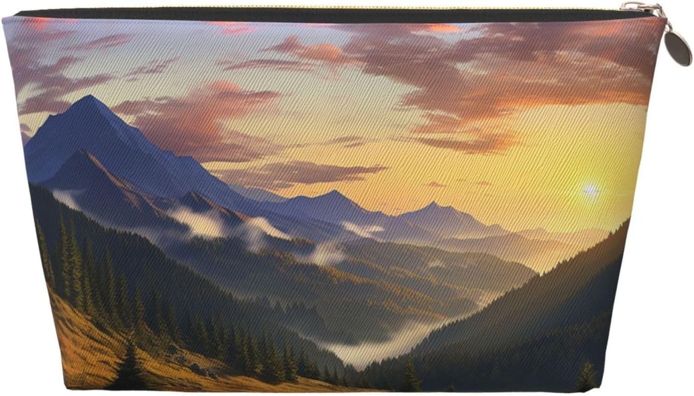 SDTYKHJ Large Capacity Makeup Bag for Women, Waterproof Portable Shaving Bag, Small Toiletry Bag Mountain Sunset Landscape Leather Cosmetic Organizer Bags for Travel, Gold, One Size image number 5