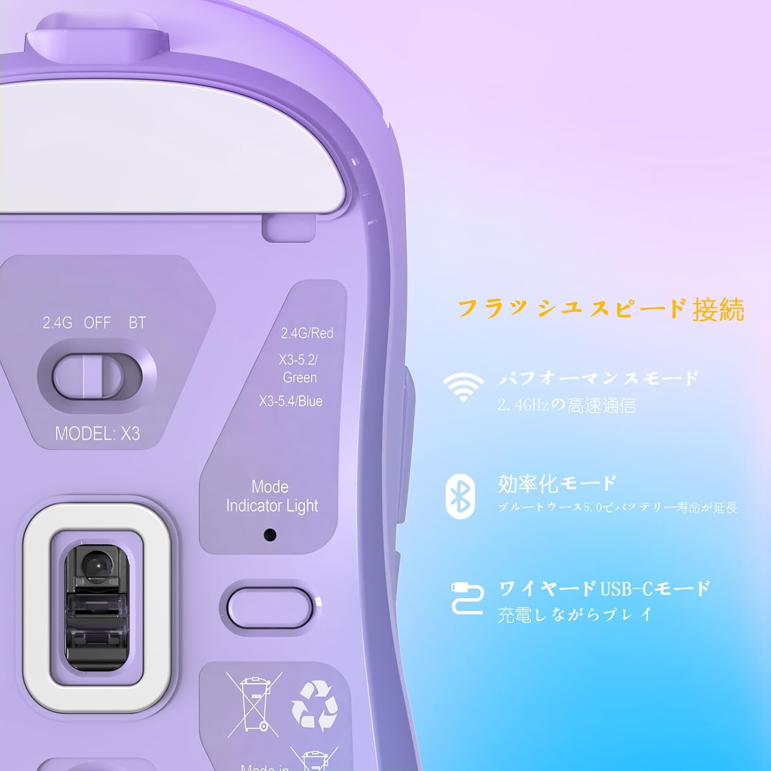 A.JAZZ X Attack Shark X3 Gaming Mouse, Ultra-Lightweight 49G, Wireless 2.4G/Bluetooth/Wired Type-C, Original Phase PAW3395 Sensor, Highest Class Accuracy, 26000Dpi-Purple image number 3