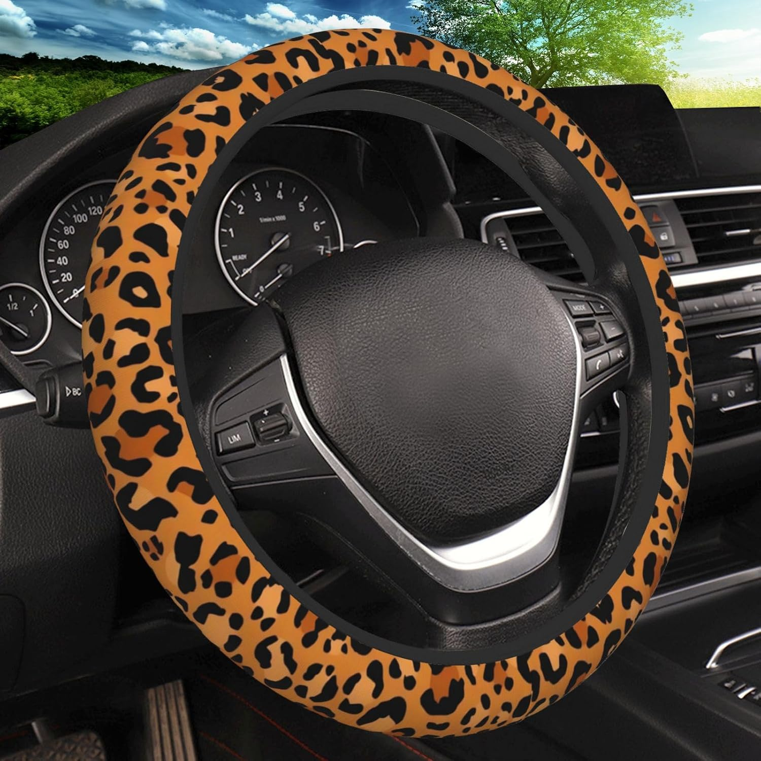 Black Leopard Print Cheetah Elastic Steering Wheel Cover, Non-Slip Breathable Neoprene Steering Wheel Covers, Women Leopard Car Accessories, Universal 15 Inch Fit Auto, Suvs, Truck
