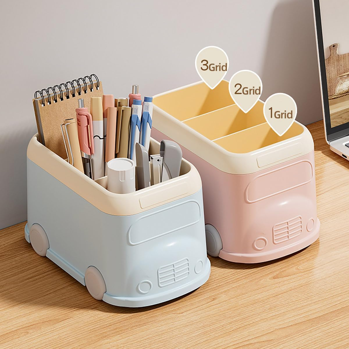 AIMALL Desktop Storage Box, Cartoon-Style Split Pen Holder, Multifunctional Stationery Storage Box, Desk Organizer for Office Sundries, Dimensions: 7.48X4.72X4.33 Inches - Blue image number 3