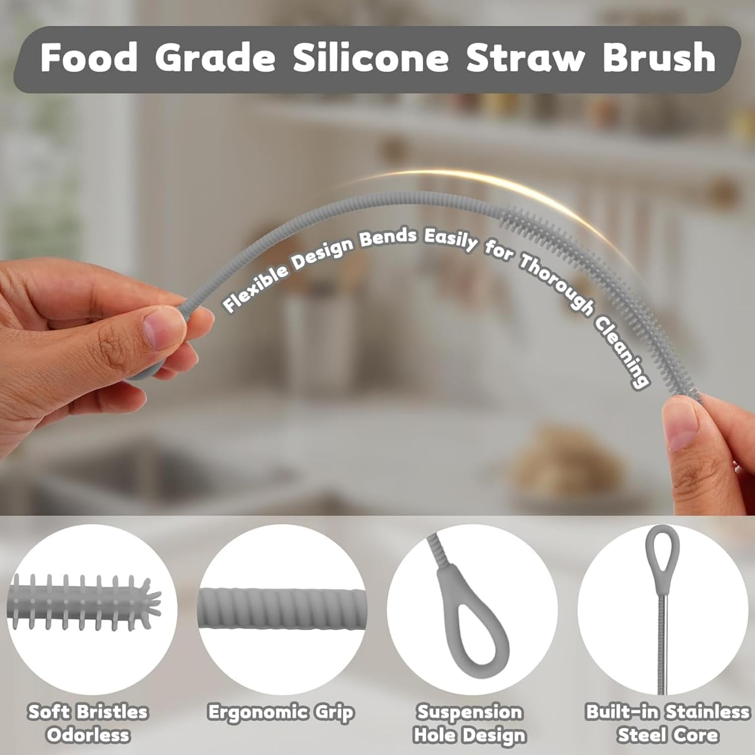 Silicone Straw & Bottle Cleaning Brushes 2-Pack(9Mm and 6Mm) Grey Food-Grade Long Handle Cleaner Set,Narrow Gap Bottle Brush for Reusable Straws Kitchen Essential image number 4