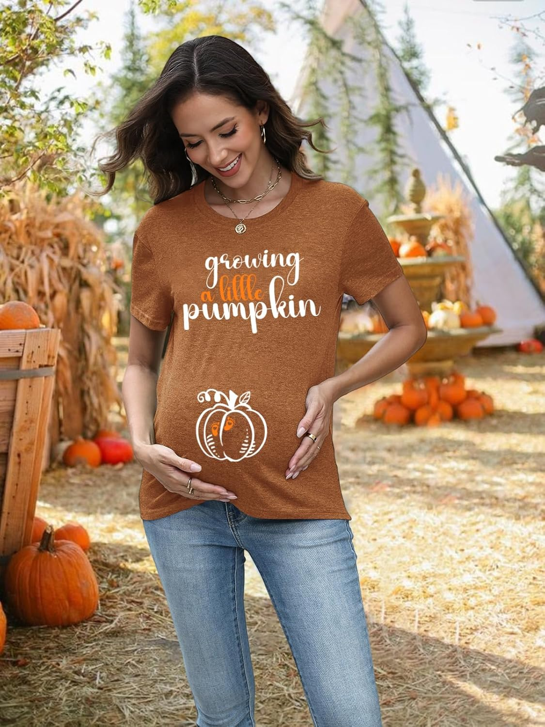 Maternity Shirts for Halloween Thanksgiving Pregnancy Clothes Funny Skeleton Pumpkin Pregnant Announcement Tshirt image number 2