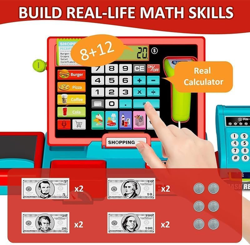 HUAJUN Children'S Electronic Cash Register Toy, Lighting and Sound Shopping Cashier Pretend Game Store, with Calculator/Scanner/Credit Card/Game Currency/Weighing Table, for Toddler Boy Girl image number 6