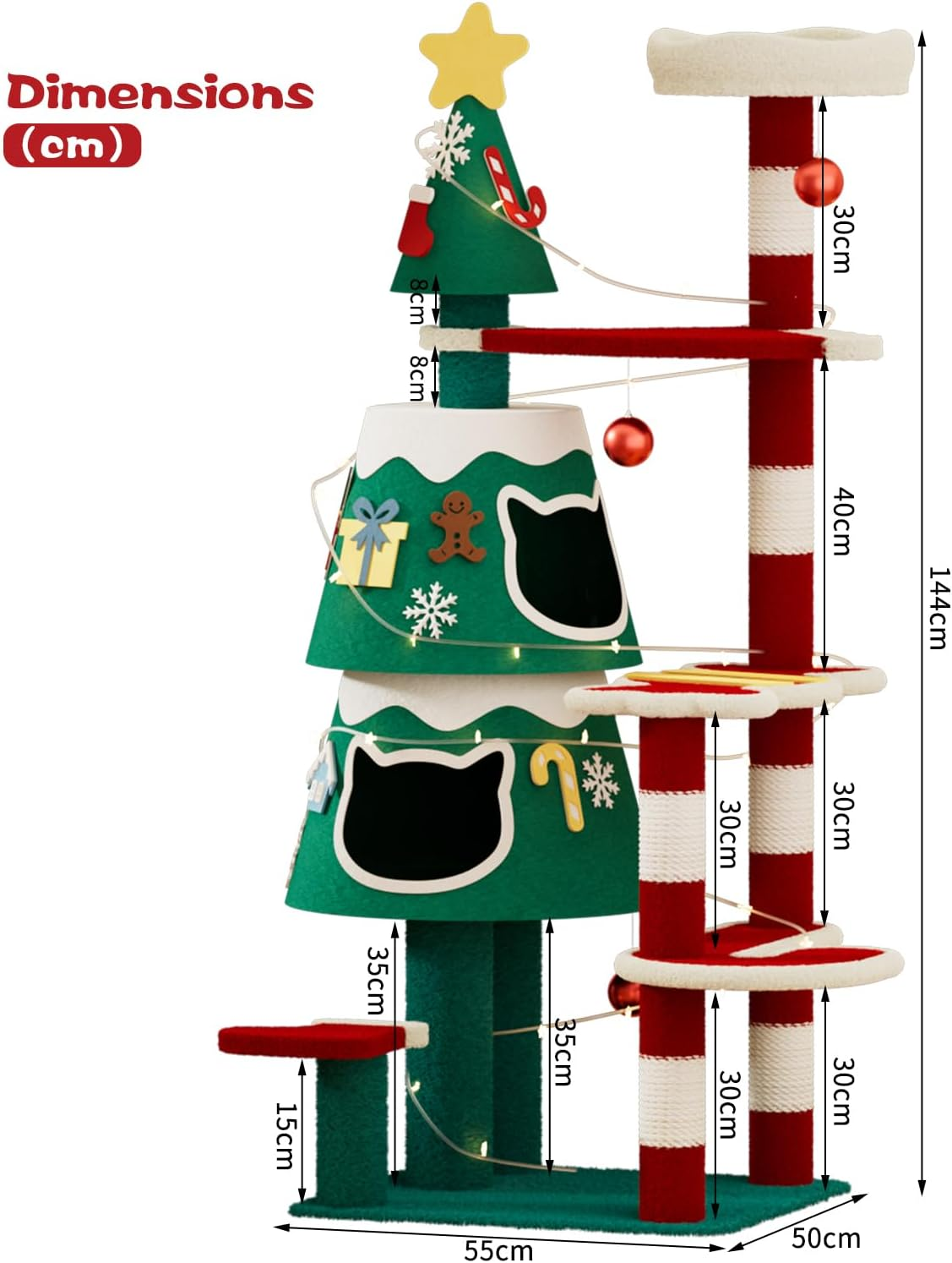 Christmas Cat Tree, Cat Tower for Large Cats with 2 Condos, Indoor Cat Tree Tower 144 Cm image number 3