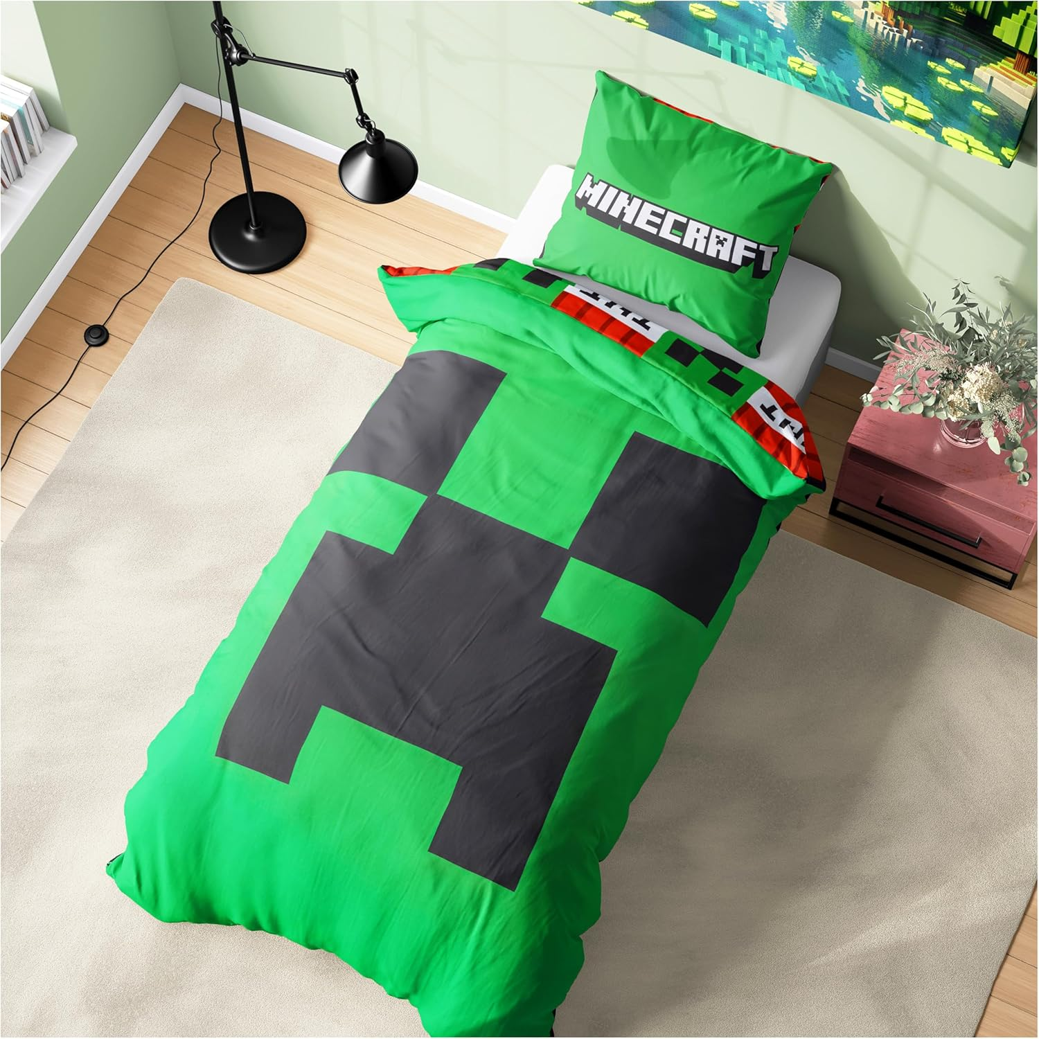 Get Trend Minecraft Single Duvet Cover Set Kids & Teens, Reversible Bedding & Pillowcase for Boys & Girls, Bedroom Accessories, Anime Gifts for Boys (Green Minecraft, Single)