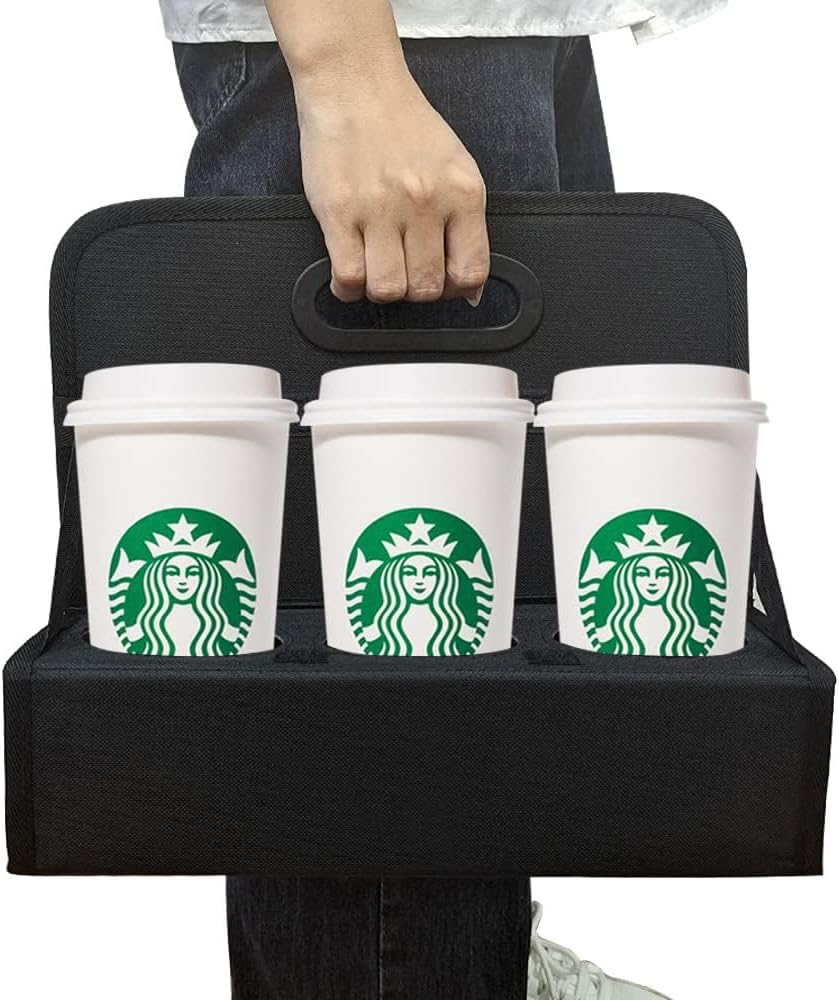 Cup Caddy Portable Drink Carrier or Cans Reusable, 6-Cup Holder with Handle, Folds Flat, Carry Coffee, Wine, Cocktails, Safely Secures Hot and Cold Beverages- for Delivery and Take Out (Black)